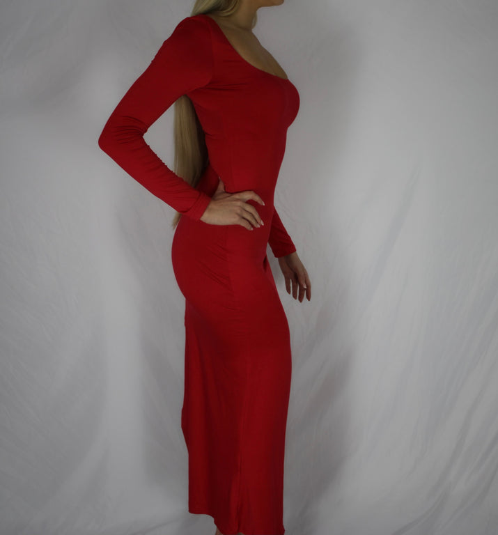 Long Sleeve Red Dress With Thigh Split