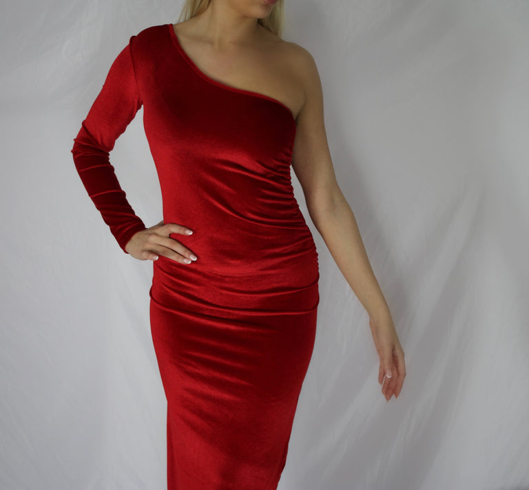 Velvet Bodycon Split Pencil Dress (Red and Blue)