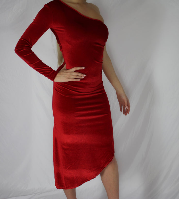 Velvet Bodycon Split Pencil Dress (Red and Blue)