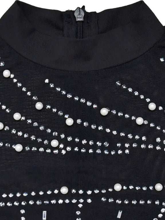 Beaded Long Sleeve Mini Dress - Black