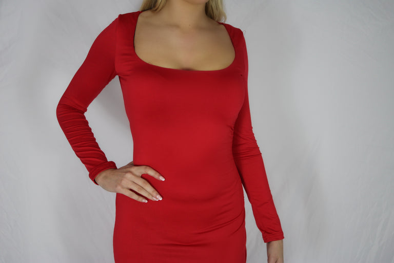 Long Sleeve Red Dress With Thigh Split