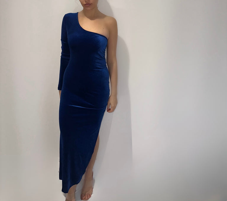 Velvet Bodycon Split Pencil Dress (Red and Blue)