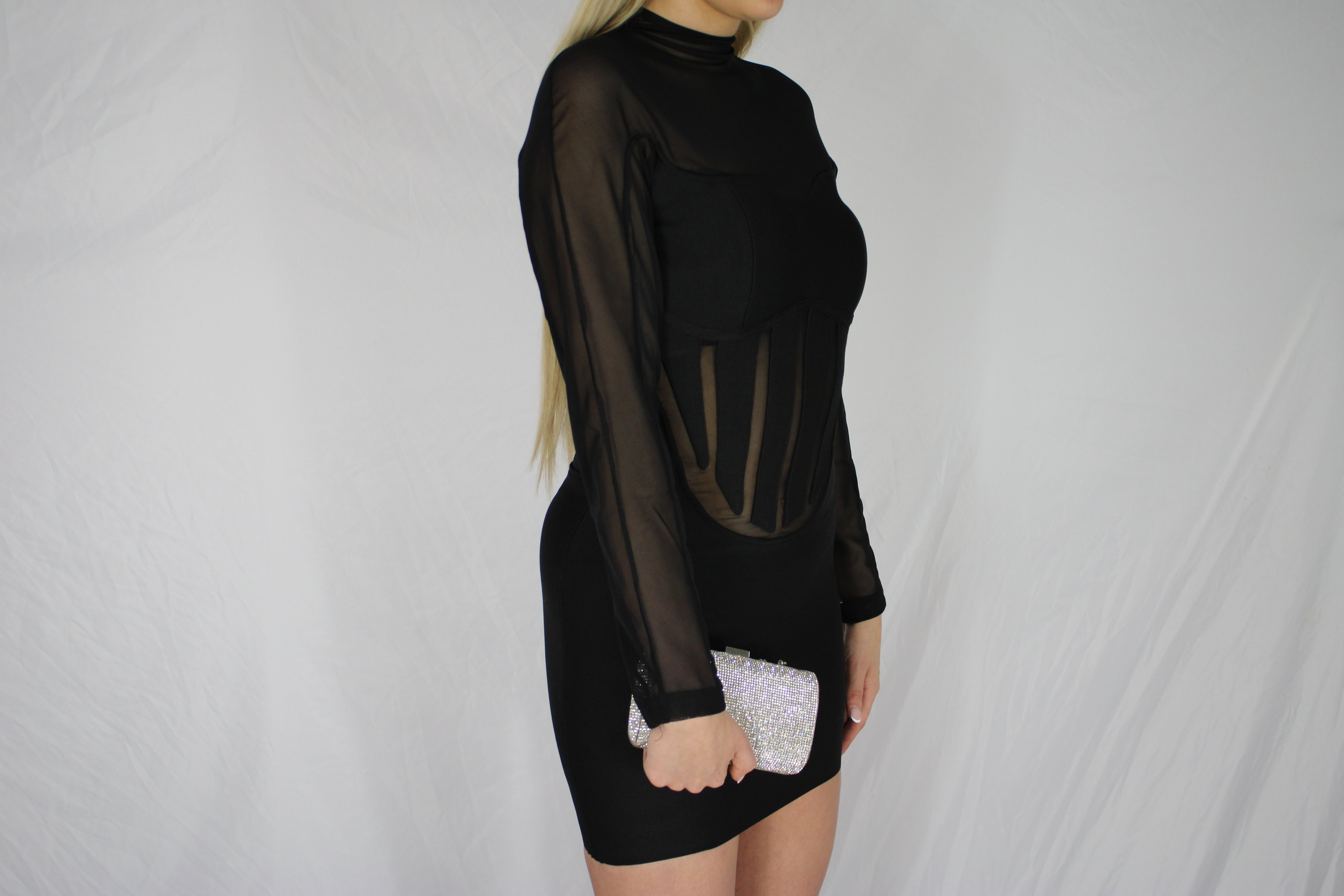 Premium long sleeve mini dress - black