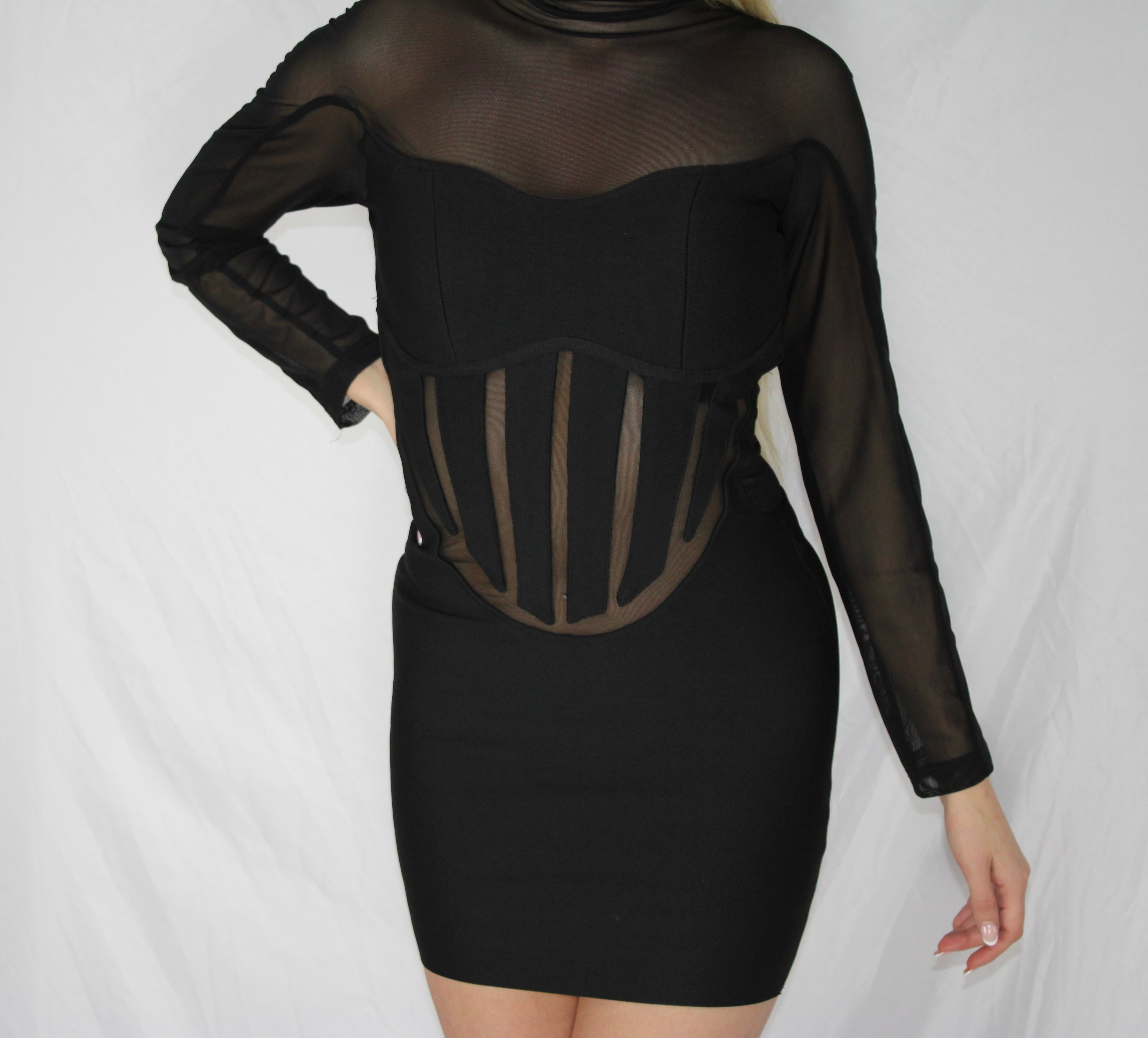 Premium long sleeve mini dress - black