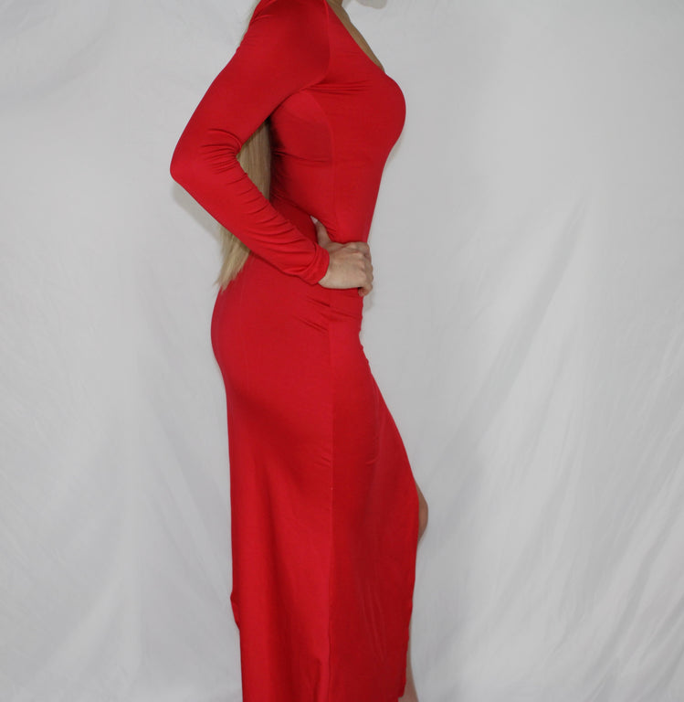 Long Sleeve Red Dress With Thigh Split