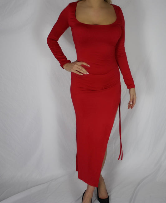 Long Sleeve Red Dress With Thigh Split