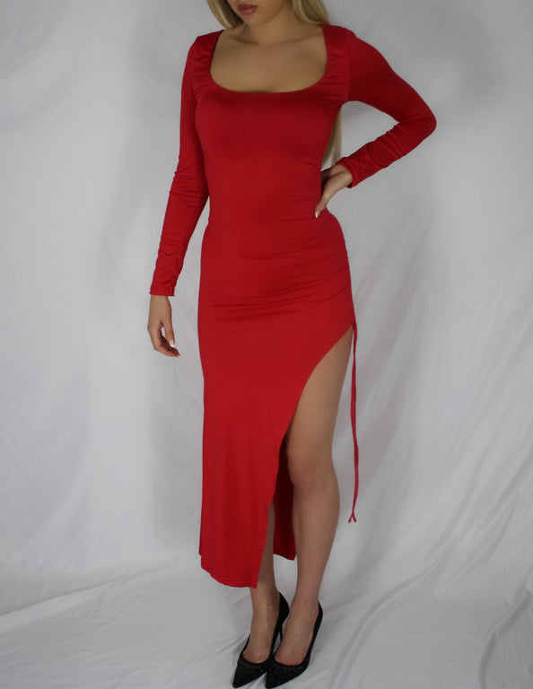 Long Sleeve Red Dress With Thigh Split
