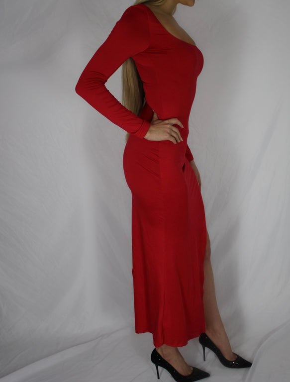 Long Sleeve Red Dress With Thigh Split