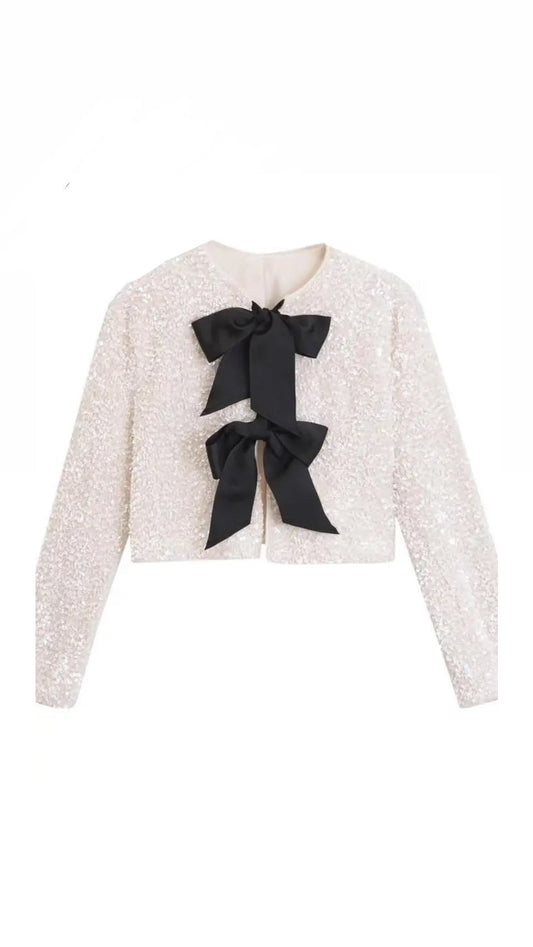 Tie Bow-Front Sequined Cardigan