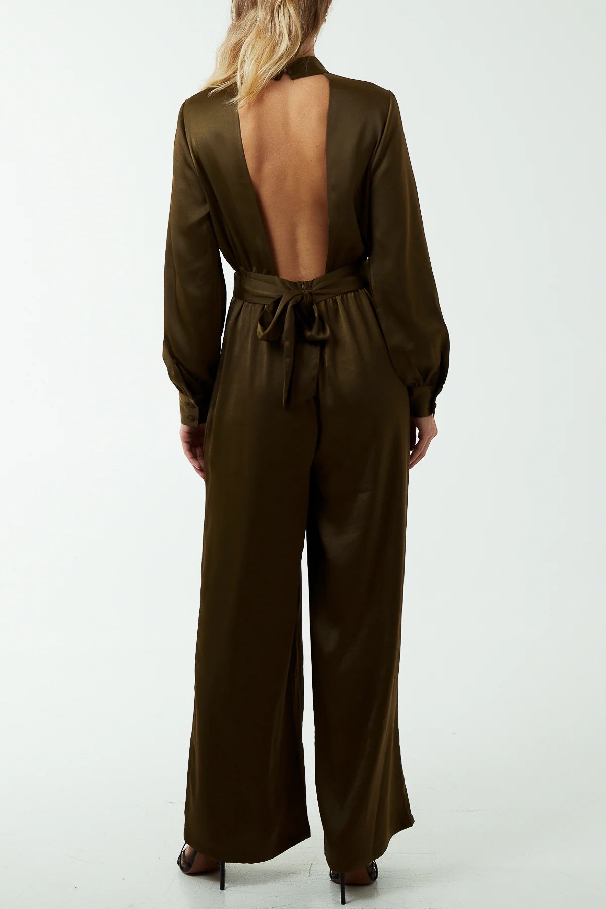 Tie Back High Neck Satin Jumpsuit