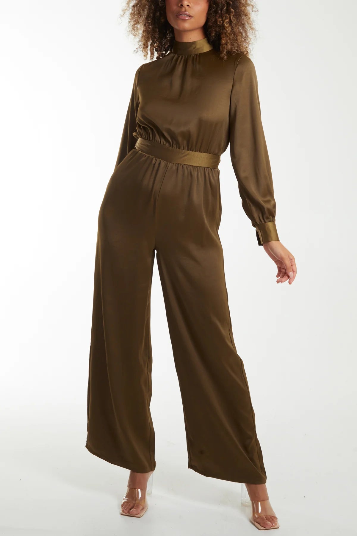 Tie Back High Neck Satin Jumpsuit