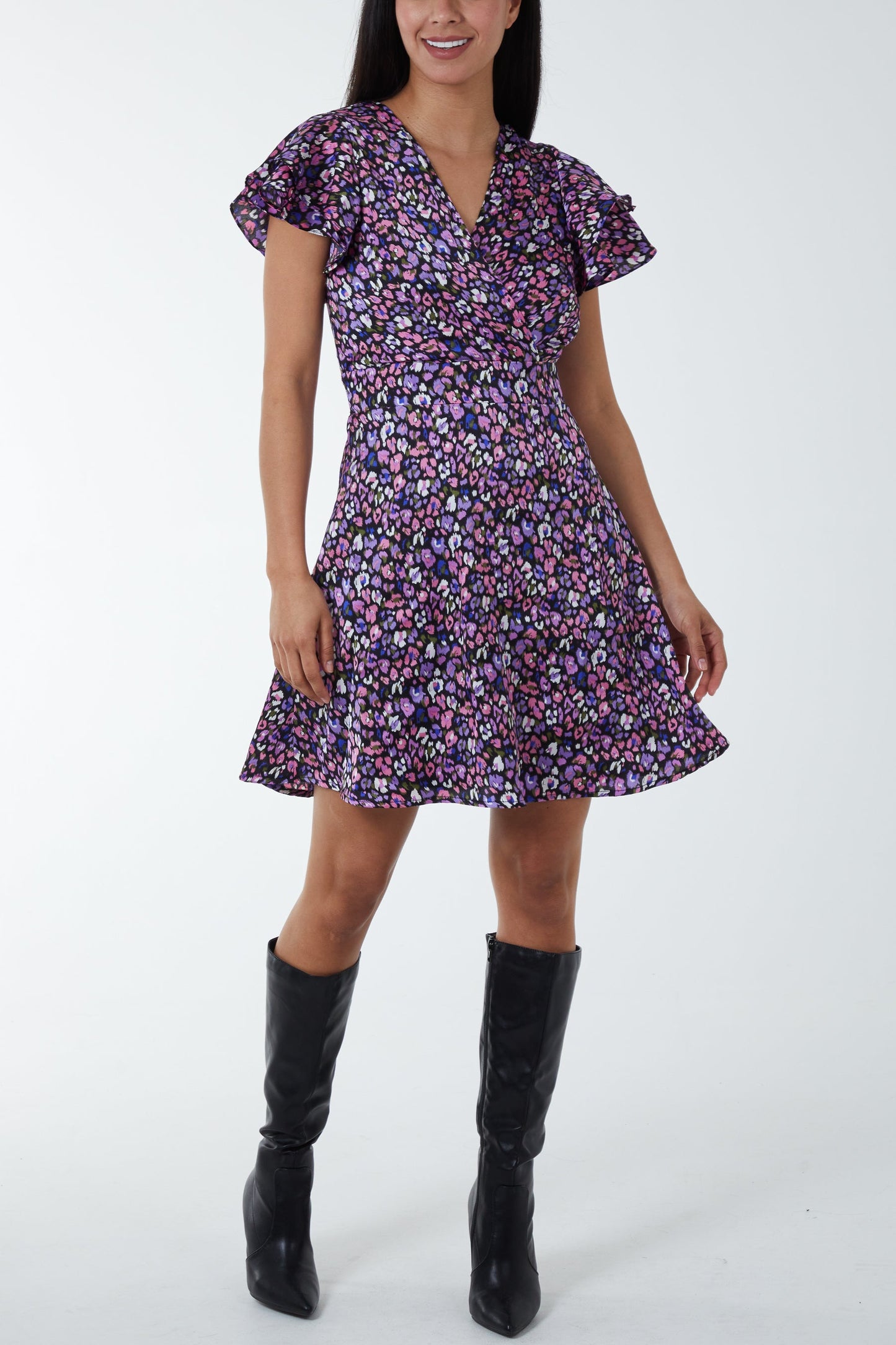 Cassandra Ditsy Floral Wrap Ruffle Mini Dress